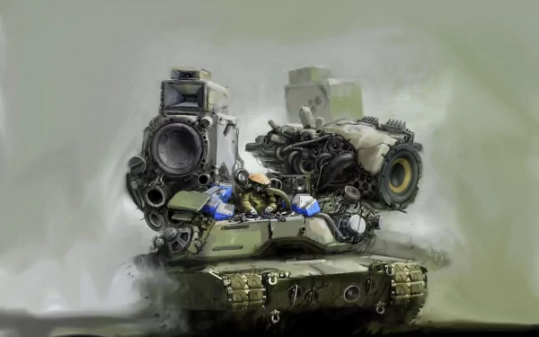 A unique HD desktop wallpaper featuring a tank creatively transformed with speakers and musical elements, blending themes of warfare and music in an artistic design.