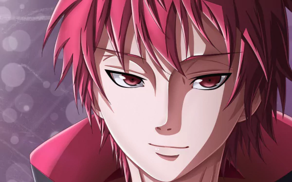 HD anime desktop wallpaper featuring Sasori from Naruto with detailed red hair and intense eyes against a subtle purple background.