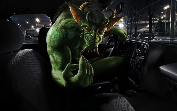 HD desktop wallpaper featuring a menacing green demon creature inside a car, with a dark and eerie nighttime cityscape visible through the windows.