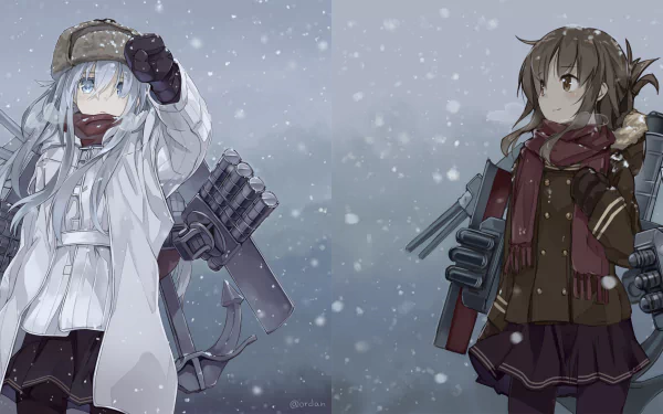 HD anime wallpaper featuring Hibiki and Inazuma from Kantai Collection, both wearing scarves, skirts, and caps with long white and brown hair amid falling snow.