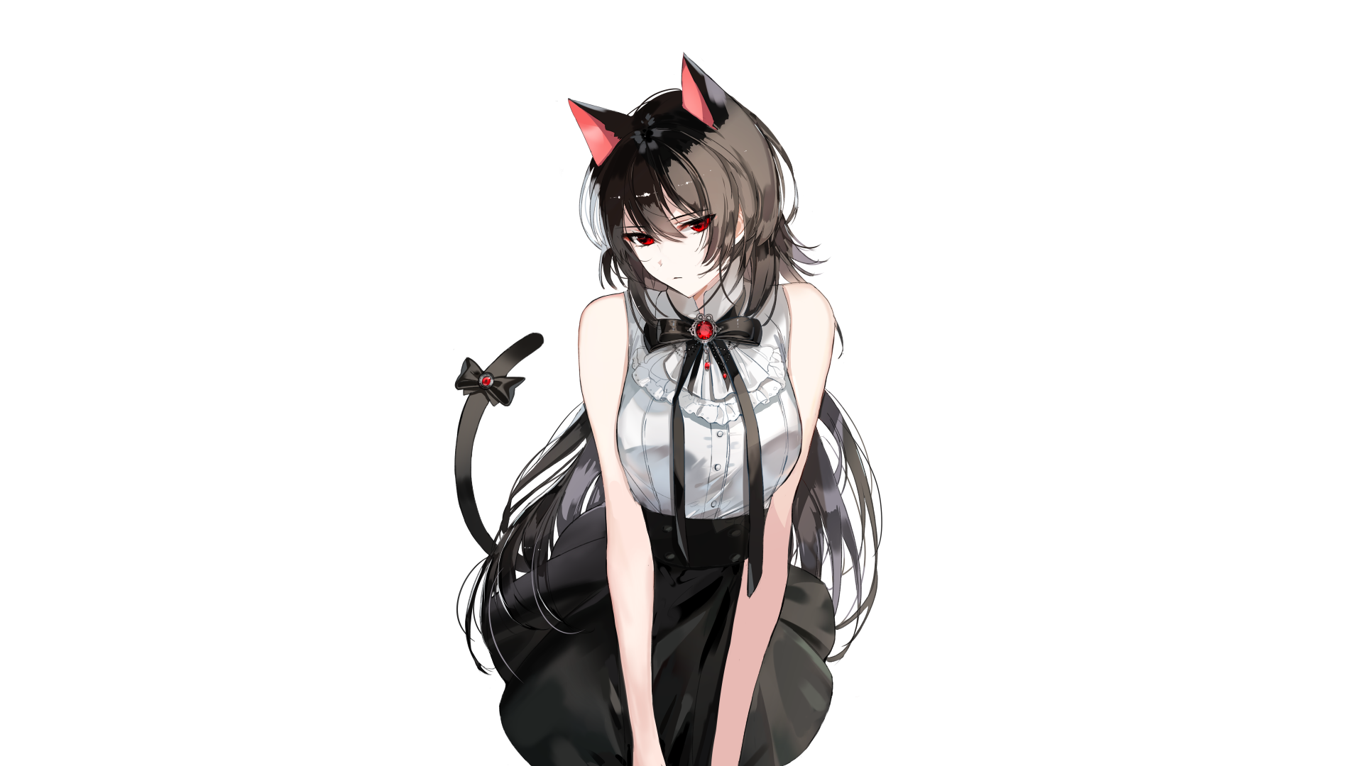 HD anime original desktop wallpaper featuring a girl with cat ears and a black tail, dressed in a black and white outfit with red accents, set against a white background.