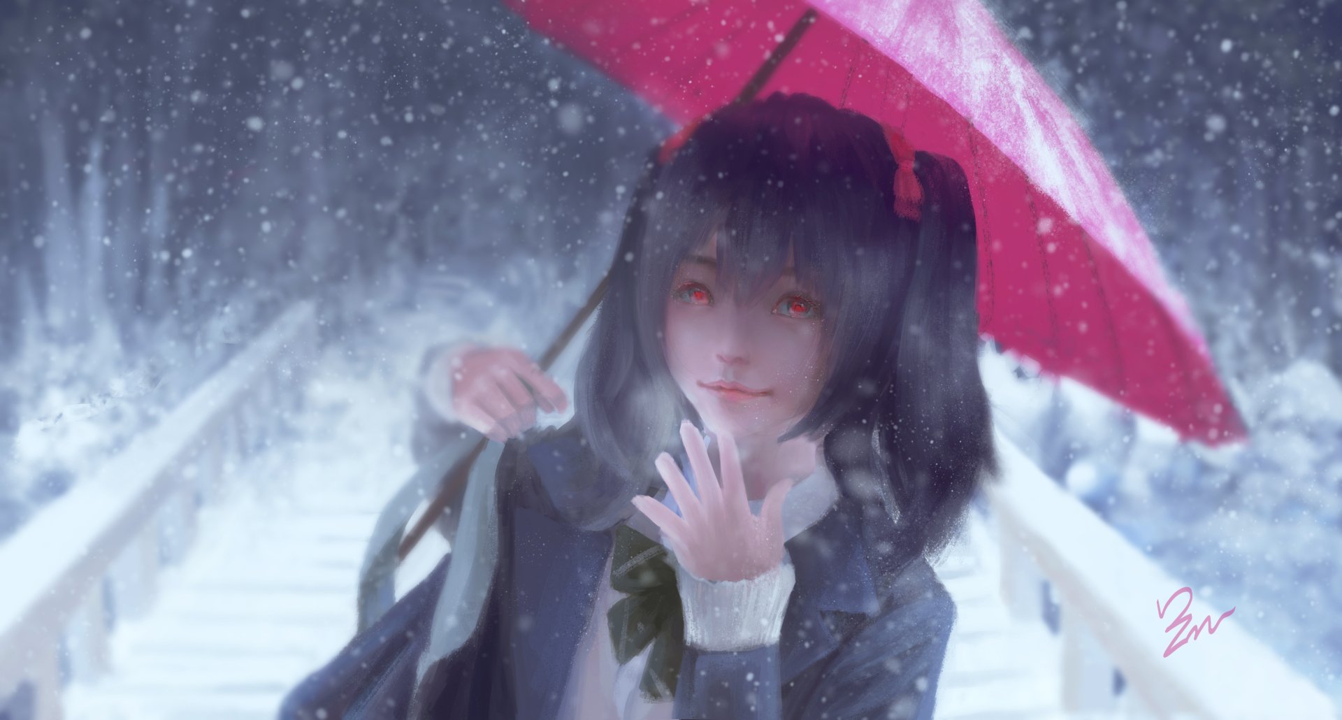Nico Yazawa (Love Live!) anime 5K Ultra HD PC wallpaper: twin-tailed girl in school uniform smiles under a red umbrella as snow falls on a bridge.