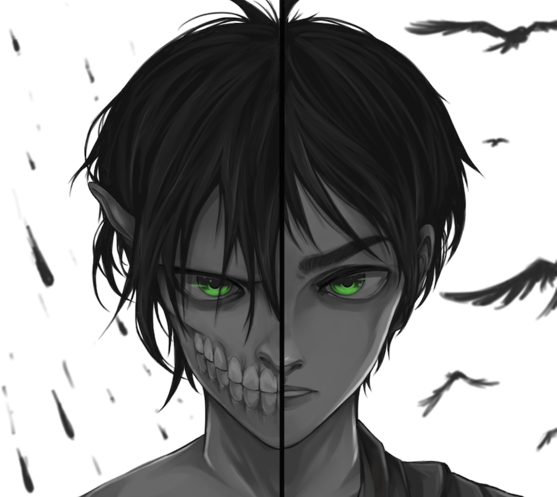 Eren Yeager from Attack on Titan — anime HD PC desktop wallpaper: split monochrome face with one side skeletal, piercing green eyes and drifting black feathers.