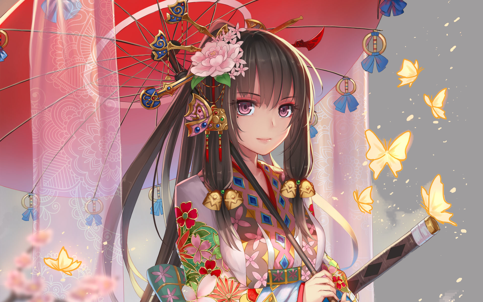 Anime artwork of a black-haired girl in a colorful kimono holding a sword and an umbrella adorned with flowers. She stands amidst glowing butterflies in an intricate, high-definition background.