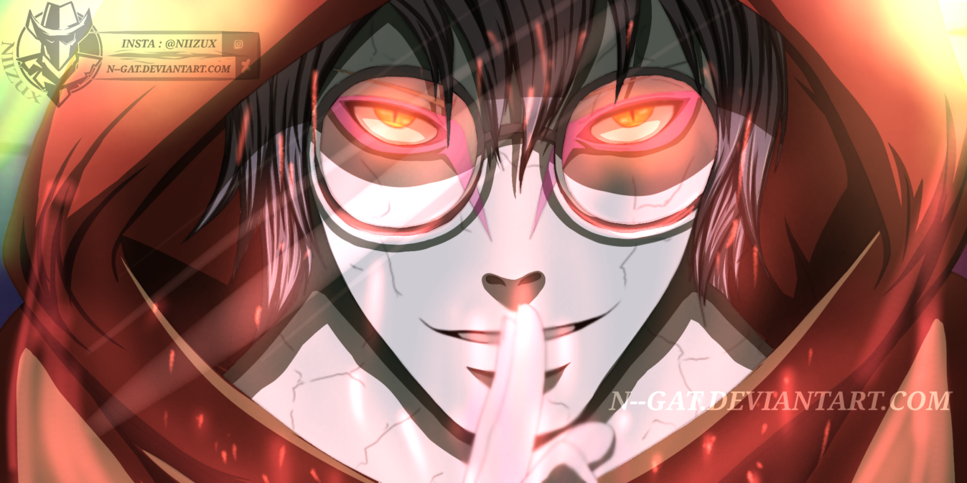 HD PC desktop wallpaper of Kabuto Yakushi (Naruto): close-up with hood up, round glasses, glowing orange eyes and a finger to his lips in a sinister, red-lit composition.