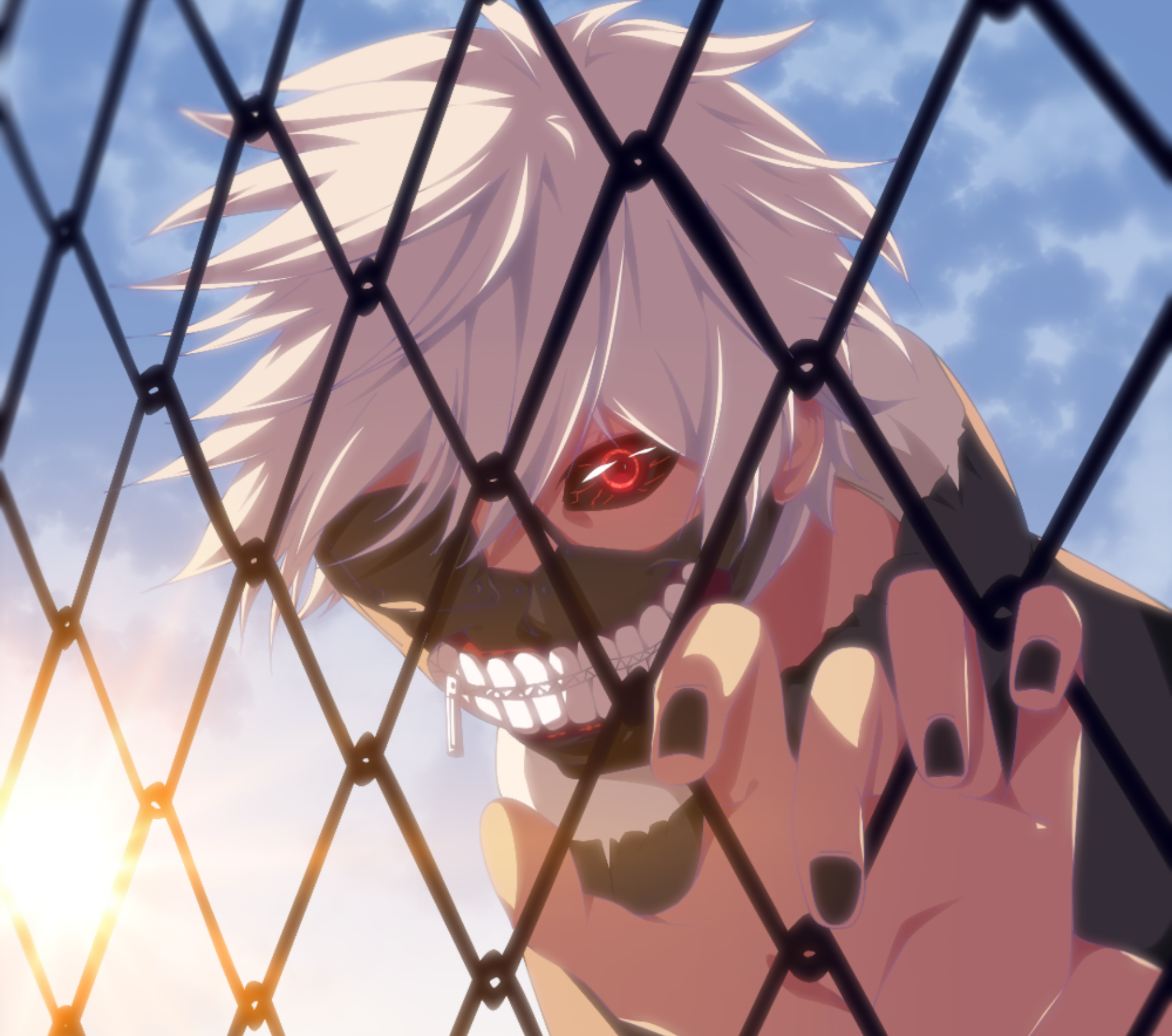 HD desktop wallpaper featuring Ken Kaneki from the anime Tokyo Ghoul, showcasing his iconic white hair, red eye, and sinister grin behind a fence.