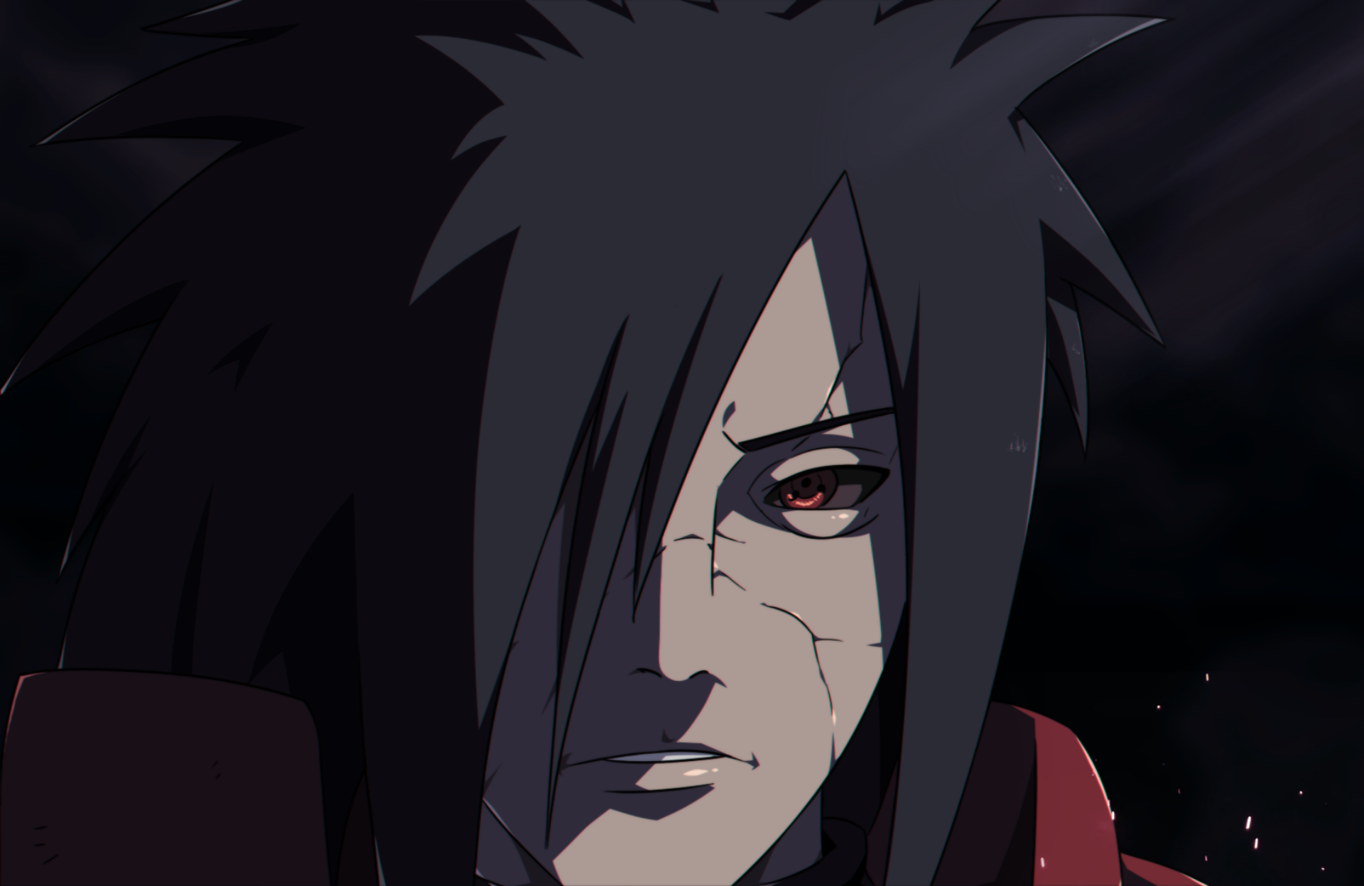 HD anime wallpaper featuring Madara Uchiha from Naruto, showcasing his intense red Sharingan eye and dark, detailed background for a striking PC desktop image.