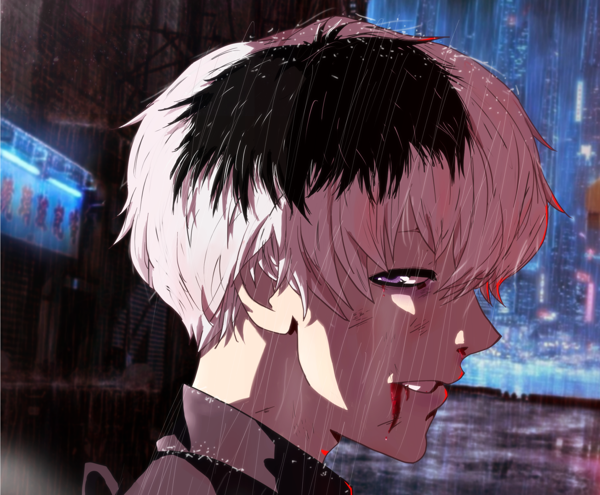 HD PC desktop wallpaper featuring Ken Kaneki and Haise Sasaki from the anime Tokyo Ghoul:re, with a dark rainy urban backdrop.