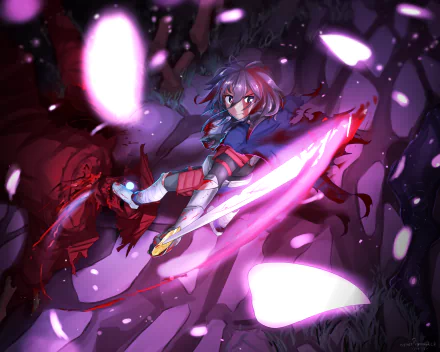 Original anime warrior with purple hair and eyes lunges mid-air, glowing purple sword drawn amid swirling petals and dark shadows — dynamic HD PC desktop wallpaper background.