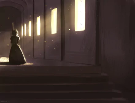 An HD wallpaper featuring Saber from the Fate/Zero series. She stands alone in a dimly lit corridor with light streaming through the windows, creating a dramatic and atmospheric scene.