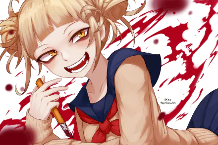 HD anime wallpaper featuring Himiko Toga from My Hero Academia with a mischievous smile, holding a knife against a blood-splattered white background.