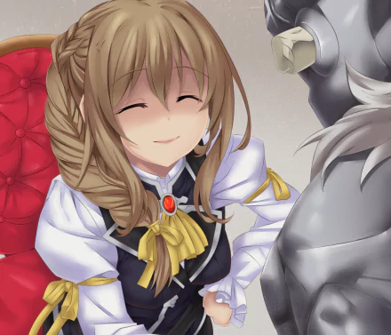 HD desktop wallpaper featuring a smiling anime character from Goblin Slayer with braided hair, wearing a white blouse with yellow ribbons and a red gemstone necklace, sitting on a red chair.