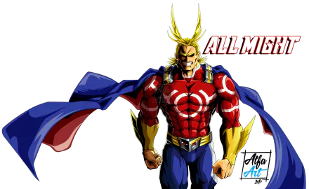 HD PC desktop wallpaper featuring Toshinori Yagi as All Might from the anime My Hero Academia, showcasing his muscular form and iconic costume with bold colors.