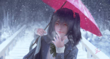 Nico Yazawa (Love Live!) anime 5K Ultra HD PC wallpaper: twin-tailed girl in school uniform smiles under a red umbrella as snow falls on a bridge.