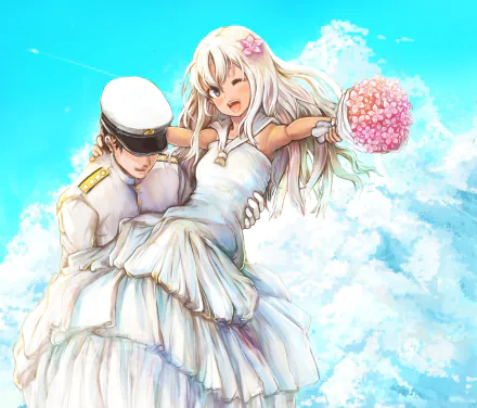 HD PC anime wedding wallpaper: smiling bride in a flowing white gown lifted by an admiral in white uniform, bouquet raised against bright blue sky.