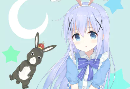 Chino Kafū (Is the Order a Rabbit?) with long blue hair and blue eyes in a frilly blue outfit, holding a rabbit plush against a crescent moon/star HD PC wallpaper background.
