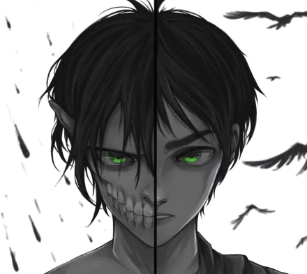 Eren Yeager from Attack on Titan — anime HD PC desktop wallpaper: split monochrome face with one side skeletal, piercing green eyes and drifting black feathers.