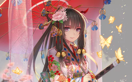 Anime artwork of a black-haired girl in a colorful kimono holding a sword and an umbrella adorned with flowers. She stands amidst glowing butterflies in an intricate, high-definition background.