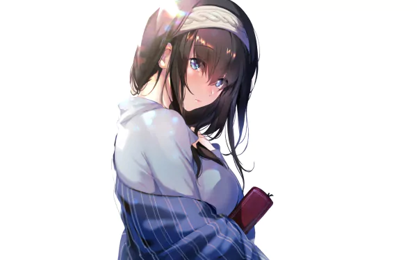 HD PC desktop wallpaper of Fumika Sagisawa (The iDOLM@STER Cinderella Girls): anime portrait with black hair, blue eyes, wearing a headband and shawl, clutching a book on white background.