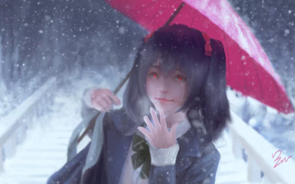 Nico Yazawa (Love Live!) anime 5K Ultra HD PC wallpaper: twin-tailed girl in school uniform smiles under a red umbrella as snow falls on a bridge.