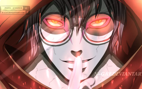 HD PC desktop wallpaper of Kabuto Yakushi (Naruto): close-up with hood up, round glasses, glowing orange eyes and a finger to his lips in a sinister, red-lit composition.