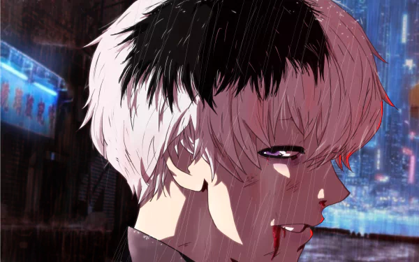 HD PC desktop wallpaper featuring Ken Kaneki and Haise Sasaki from the anime Tokyo Ghoul:re, with a dark rainy urban backdrop.