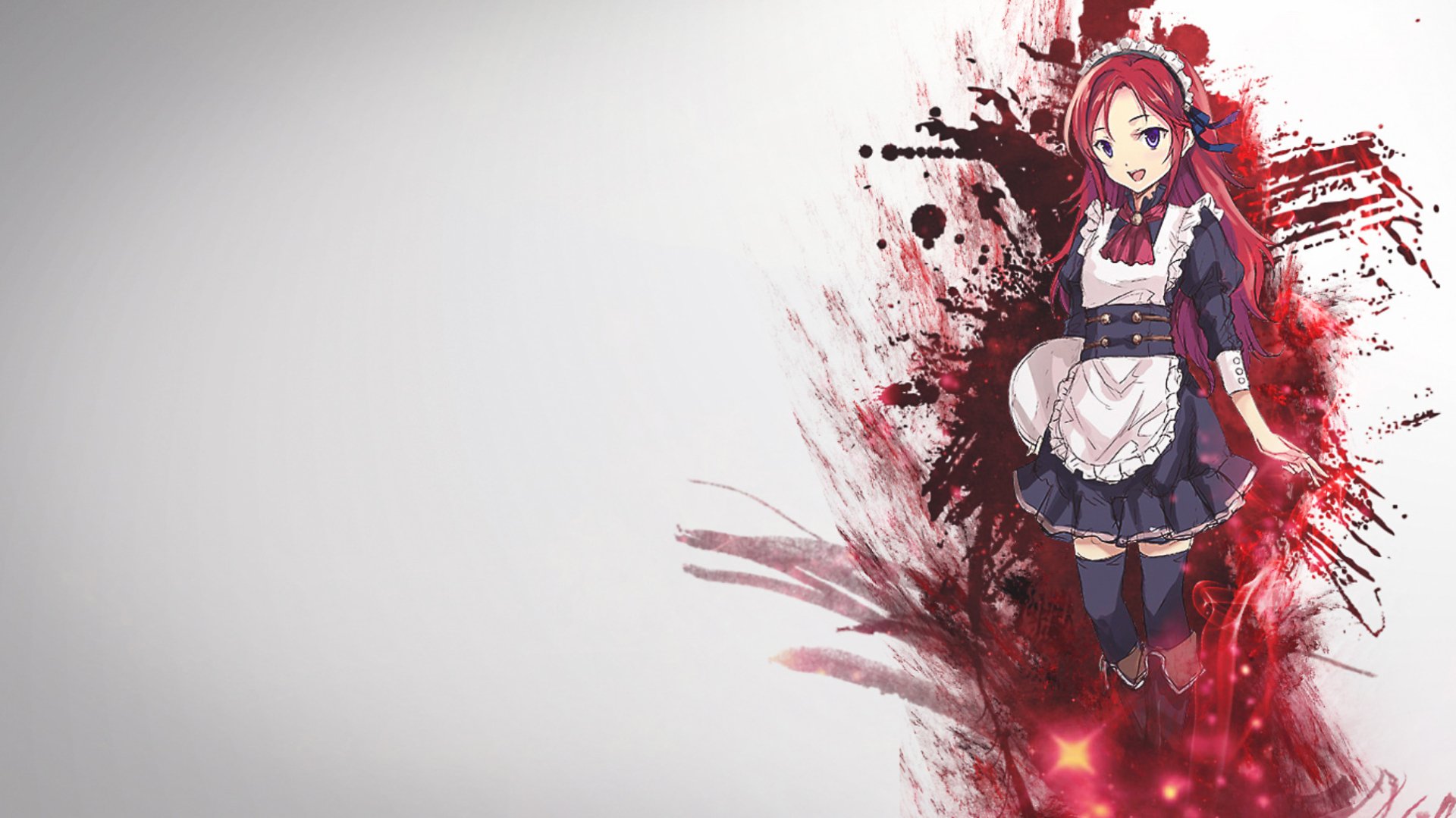 HD PC desktop wallpaper of Aria Lockwarde (Sevens): anime girl in a maid outfit amid red and black paint-splash effects on the right, pale empty space on the left.