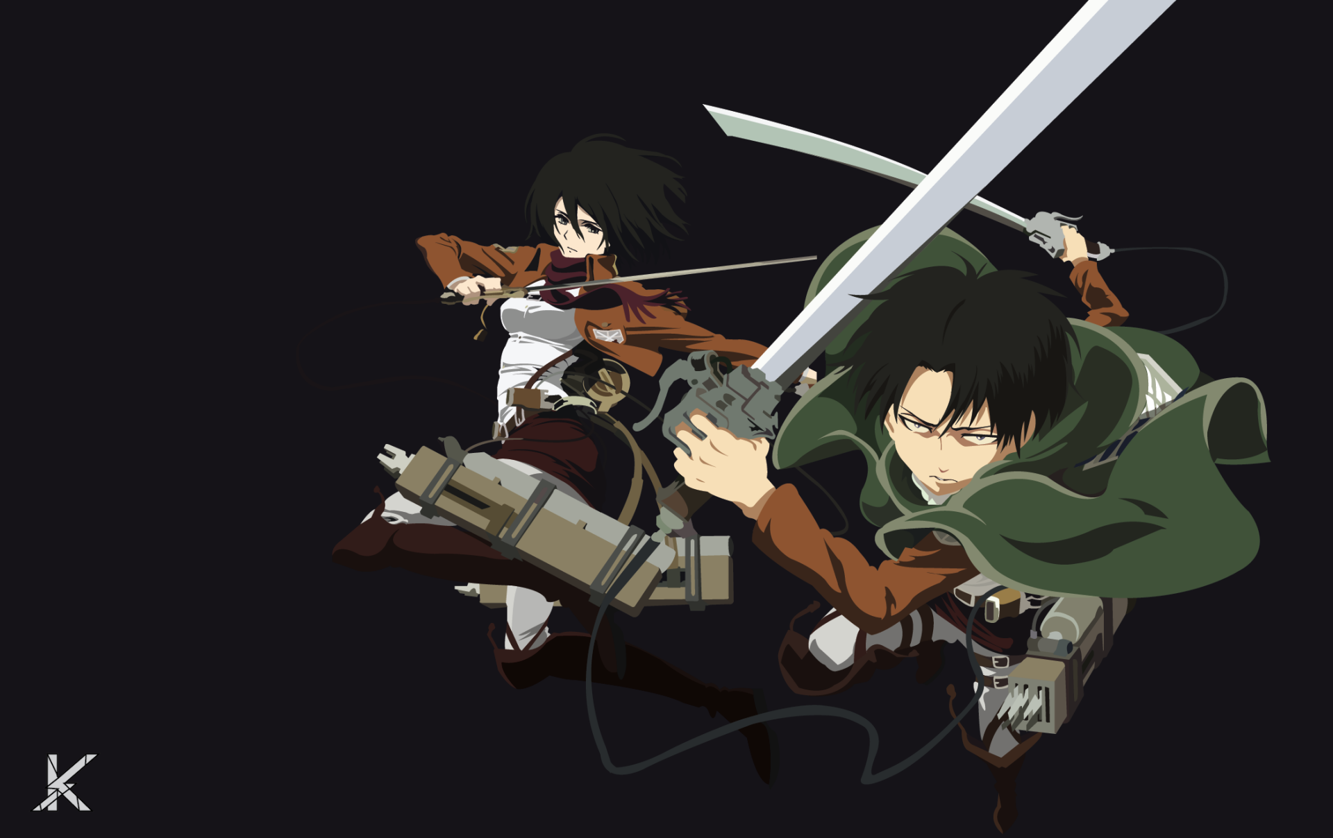 HD PC desktop anime wallpaper of Levi Ackerman and Mikasa Ackerman from Attack on Titan, mid-air using ODM gear with swords drawn against a dark background.