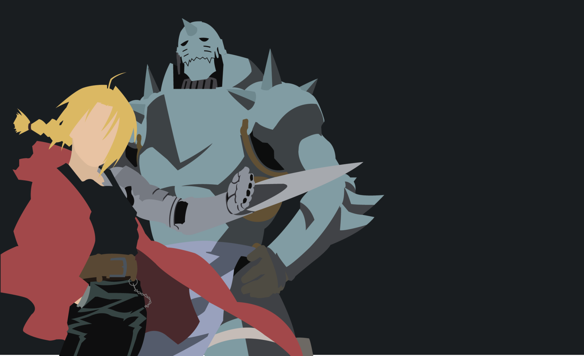 HD PC desktop wallpaper featuring stylized silhouettes of Alphonse and Edward Elric from the anime Fullmetal Alchemist against a dark background.