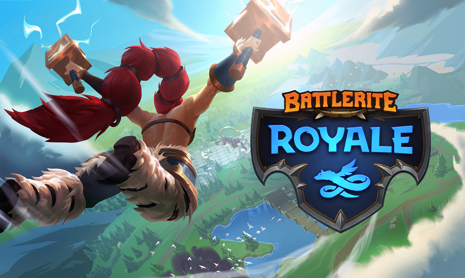 HD desktop wallpaper of Battlerite Royale featuring a dynamic character wielding hammers with the game's logo prominently displayed.