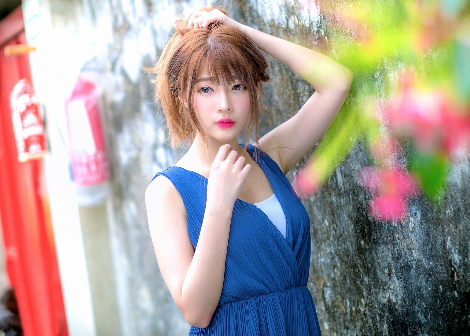 Elegant Asian Model in Blue Dress with Bold Lipstick – HD Wallpaper ...