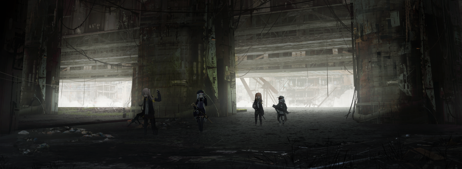 4K Ultra HD Girls Frontline PC wallpaper featuring UMP9, UMP45, HK416, and G11 in a dim, industrial setting from the video game Girls Frontline.