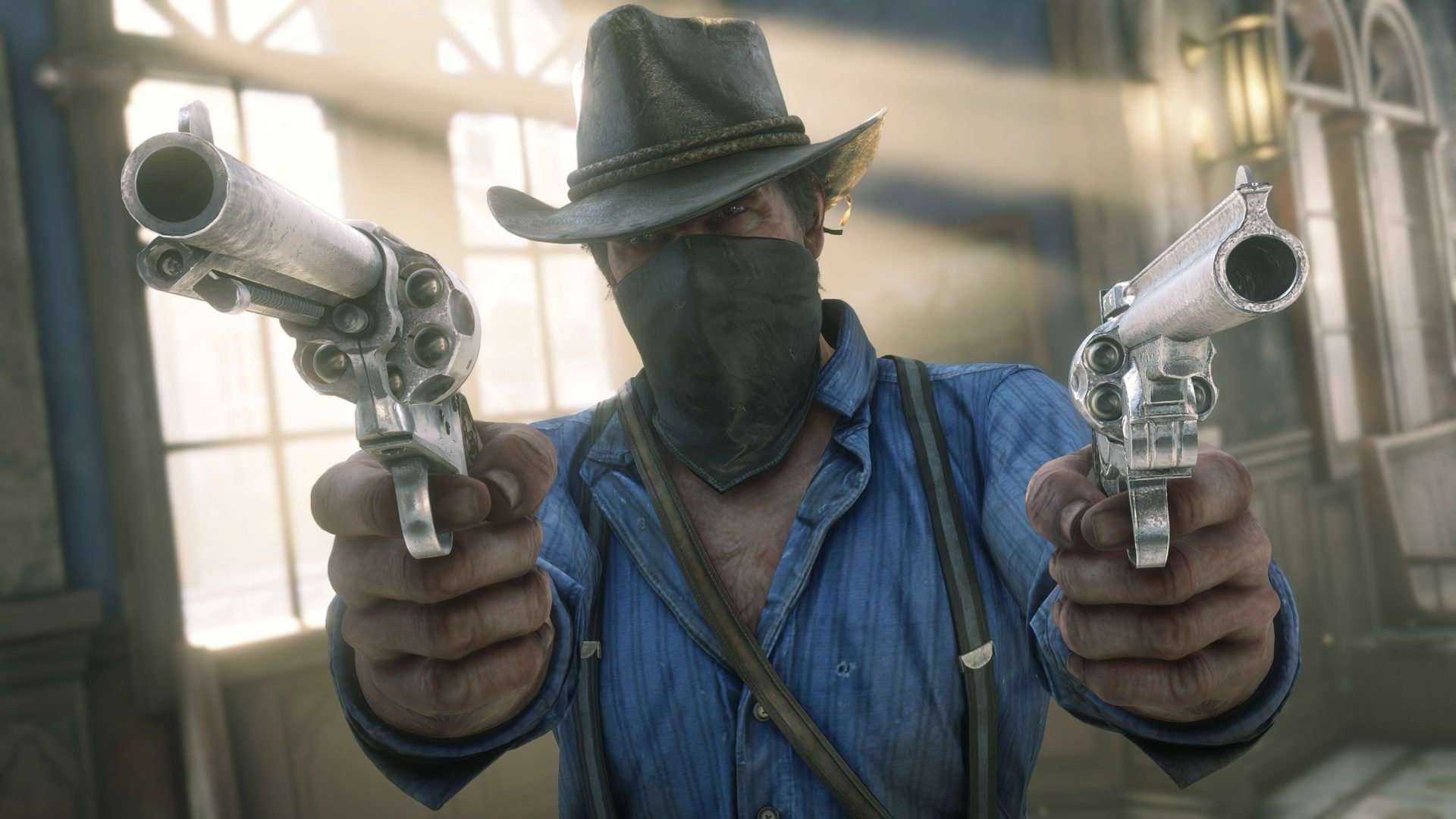 HD PC desktop wallpaper featuring Arthur Morgan from the video game Red Dead Redemption 2, aiming two revolvers while wearing a hat and bandana.