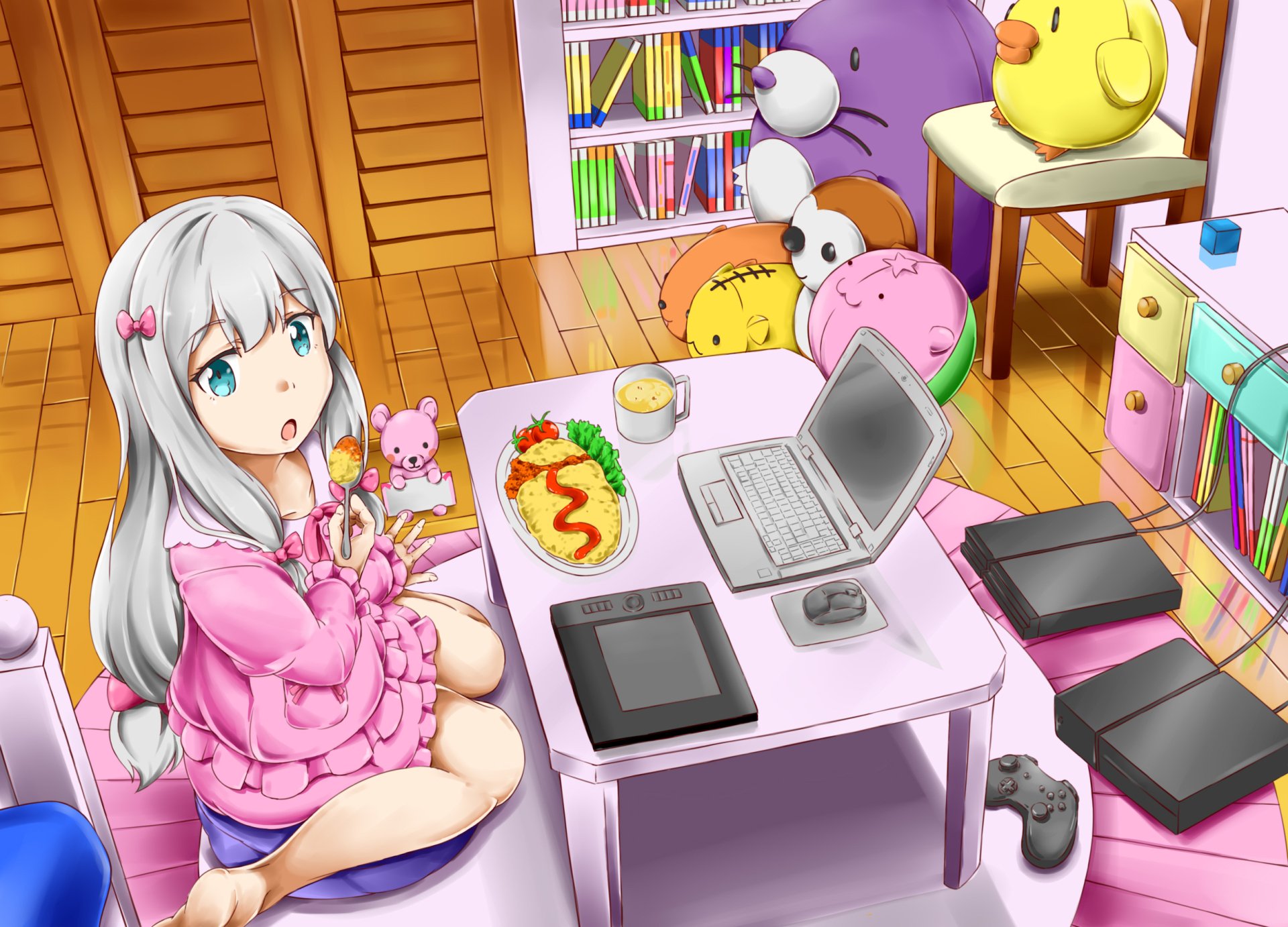 Sagiri Izumi (EroManga-Sensei) in a colorful room, pink hoodie, holding a snack at a low table with laptop, drawing tablets, controller and plushies — HD PC desktop wallpaper.