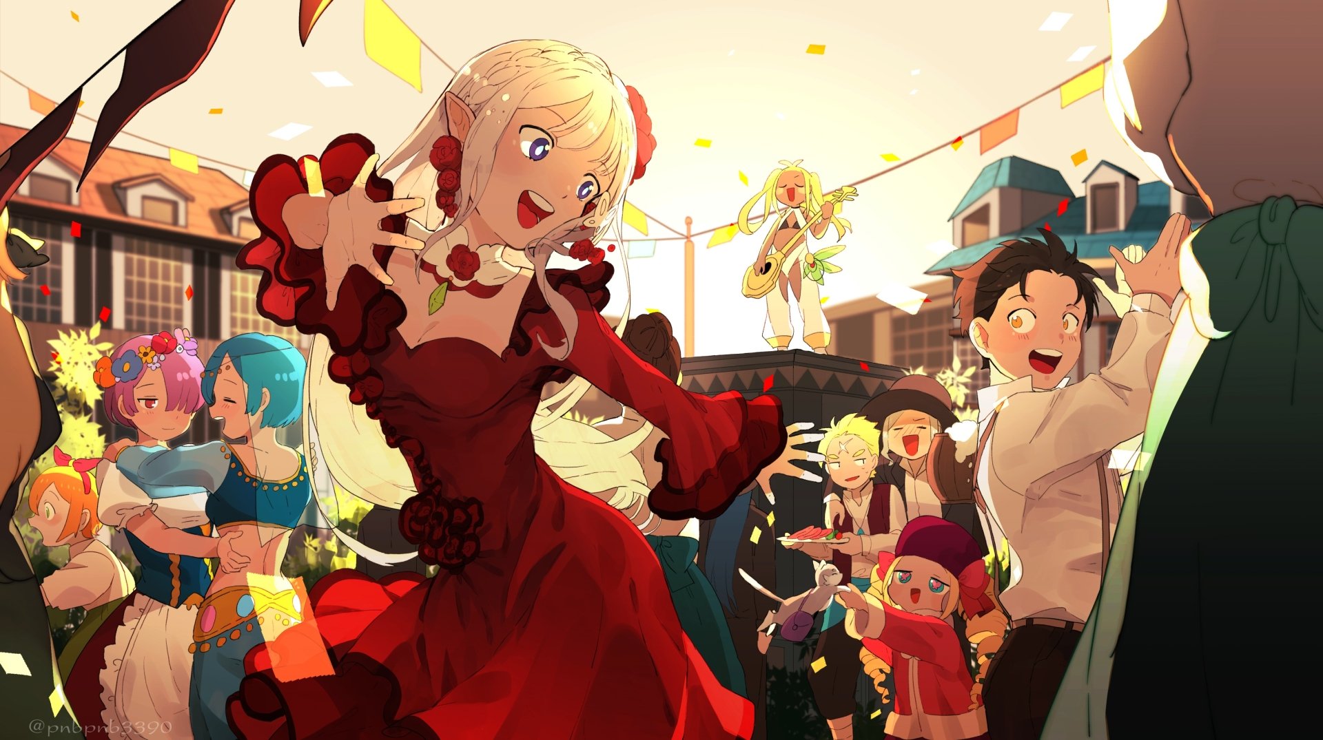 2K Quad HD PC wallpaper: Re:Zero characters — Subaru Natsuki, Emilia, Rem, Ram, Beatrice, Petra Leyte, Otto Suwen and Garfiel Tinsel celebrate amid confetti in a sunlit town square.