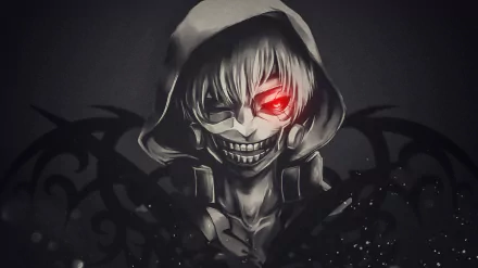 HD desktop wallpaper featuring Ken Kaneki from the anime Tokyo Ghoul, depicted with a sinister grin and a glowing red eye against a dark, eerie background.