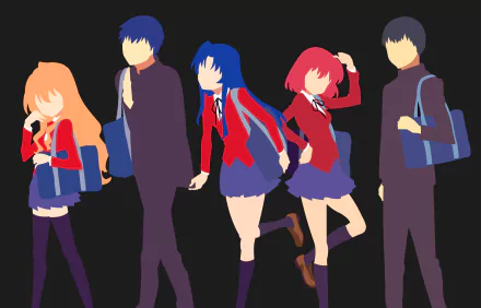 HD anime desktop wallpaper featuring Yusaku Kitamura, Minori Kushieda, Ami Kawashima, Ryuuji Takasu, and Taiga Aisaka from Toradora! in vibrant silhouettes.