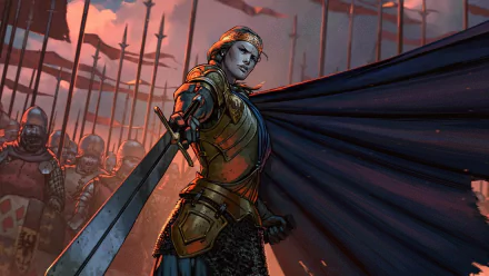 HD Wallpaper of a warrior from Thronebreaker: The Witcher Tales, poised for battle with a flag backdrop and soldiers.