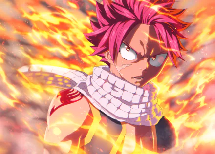 HD PC desktop wallpaper featuring Natsu Dragneel from the anime Fairy Tail, surrounded by intense flames with a fierce expression.