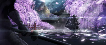 A fantasy oriental samurai stands beneath blooming cherry blossom trees at night, shrouded in mist, captured in an HD PC desktop wallpaper.