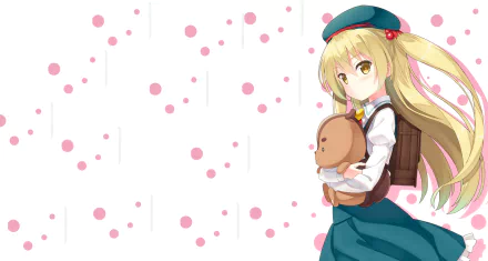 Anime HD wallpaper of Chifuyu Himeki with long blonde hair and yellow eyes in a school uniform, holding a plush, from When Supernatural Battles Became Commonplace.