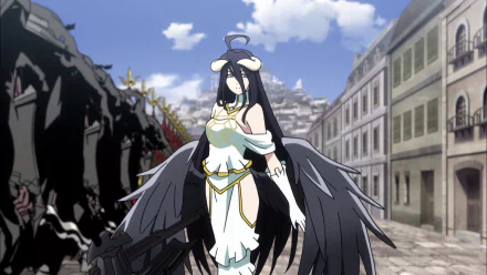 HD PC desktop wallpaper of Albedo (Overlord): anime portrait of a winged, horned woman in a white gown standing on a cobbled city street beneath a blue sky.