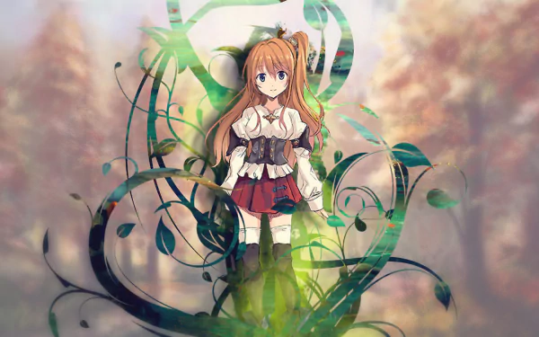 Novem Forxuz from Sevens — anime HD PC desktop wallpaper: long-haired girl in a white blouse and red skirt stands amid glowing green vines against a dreamy, ethereal forest background.