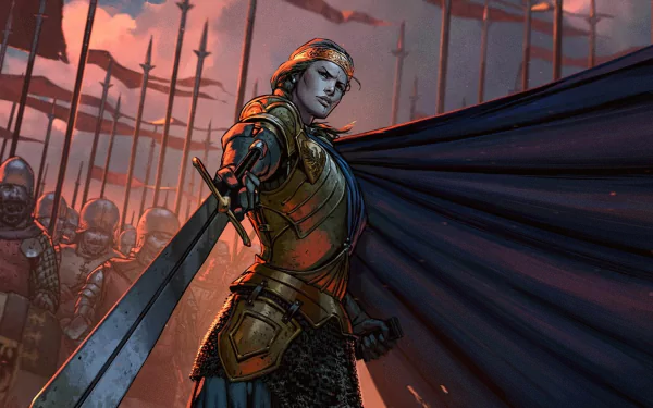 HD Wallpaper of a warrior from Thronebreaker: The Witcher Tales, poised for battle with a flag backdrop and soldiers.