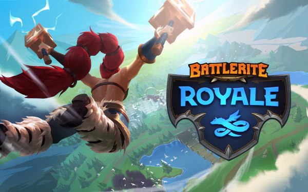 HD desktop wallpaper of Battlerite Royale featuring a dynamic character wielding hammers with the game's logo prominently displayed.