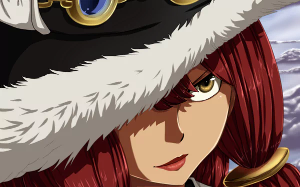 HD PC desktop wallpaper and background of Irene Belserion from Fairy Tail, anime-style close-up: red hair, fur-trimmed hat and piercing golden eyes.