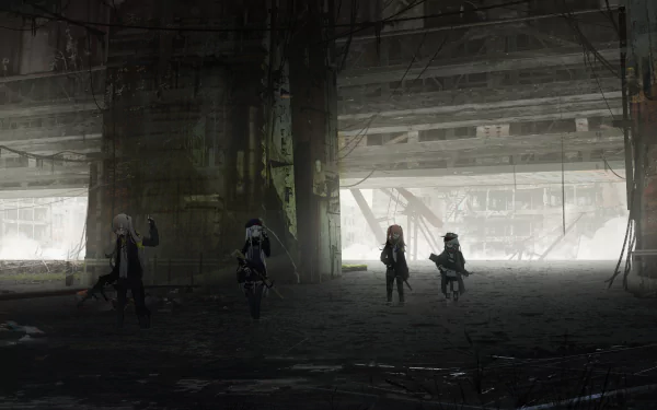 4K Ultra HD Girls Frontline PC wallpaper featuring UMP9, UMP45, HK416, and G11 in a dim, industrial setting from the video game Girls Frontline.