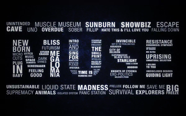 Black-and-white typographic word cloud of Muse (Band) song titles and music-related words, arranged as an HD PC desktop wallpaper/background.