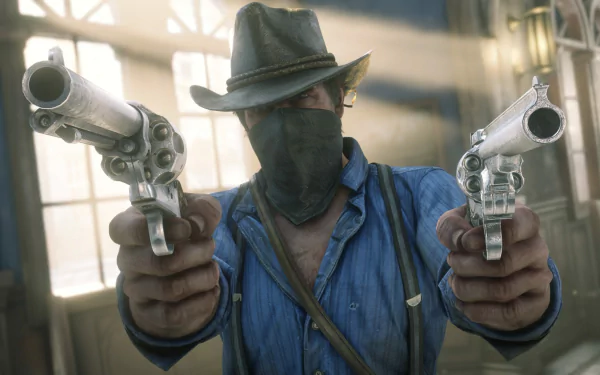 HD PC desktop wallpaper featuring Arthur Morgan from the video game Red Dead Redemption 2, aiming two revolvers while wearing a hat and bandana.