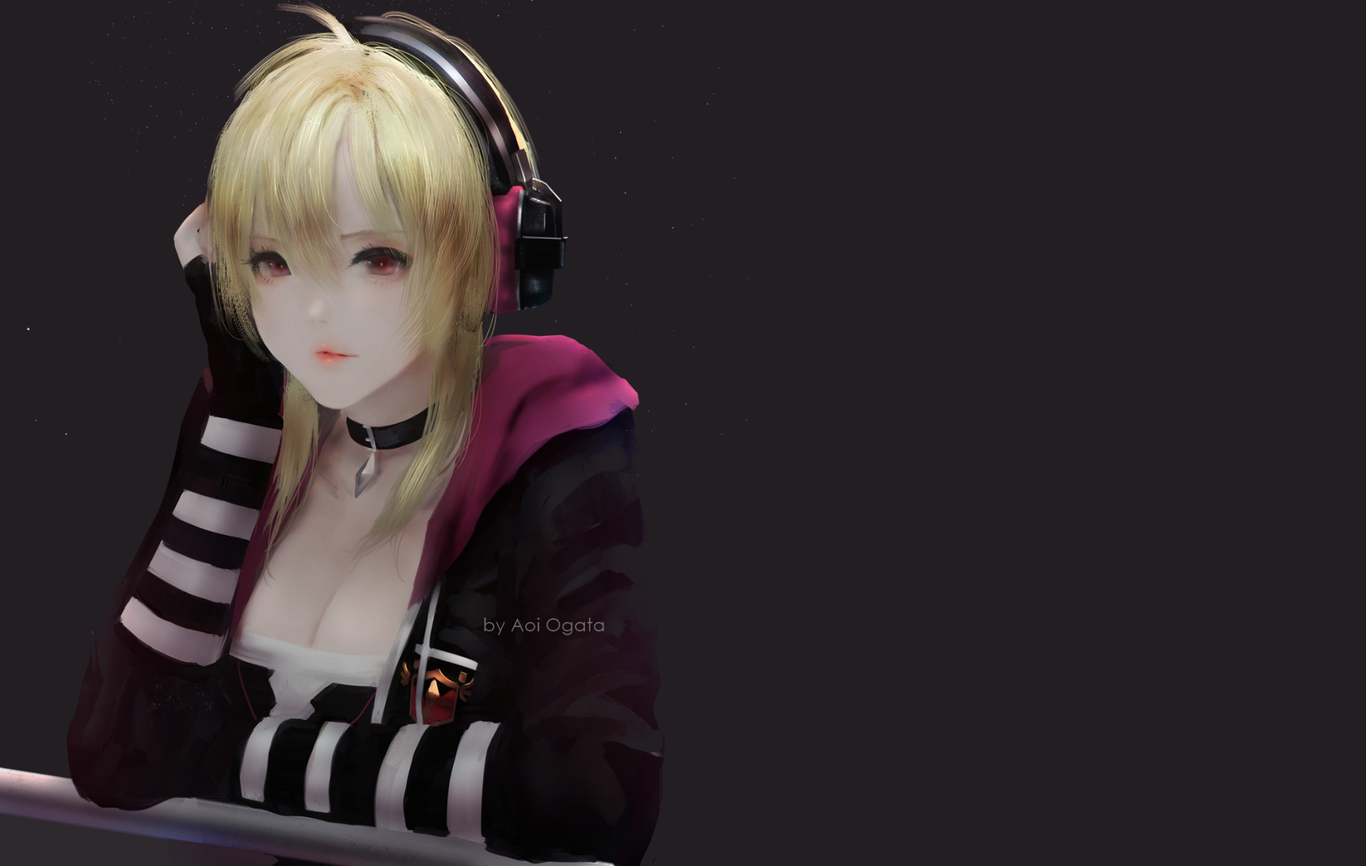 Blonde Tanya from King's Raid wearing headphones and a striped sleeve hoodie, set against a dark background in HD for a PC desktop wallpaper.